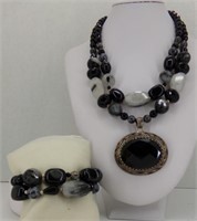 Barse Black & White Double Strand Necklace & Brac