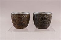 Pair of Chinese Fine Coconut Silver Carved Cups