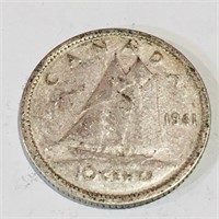 Silver 1941 Canada 10 Cent Coin