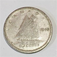 Silver 1943 Canada 10 Cent Coin