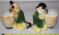 Pair Vtg Royal Copley Asian Boy Girl Vase Planters