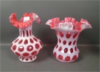 Two Fenton Cranberry Opal Coin Dot Vases