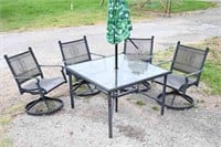 Metal Patio Table, Rocking Swivel Chairs, Umbrella
