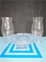2 glass hurricanes and cut glass cake tray