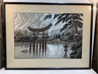 Large Framed Oriental Silk Art w/Gold Silk