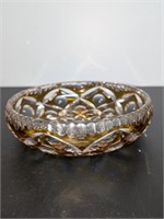 Vintage Etched Crystal Bowl Amber Accents