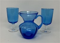 Handblown Vintage Art Glass Pitcher, Goblets