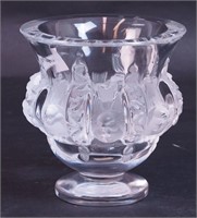 A 5" high crystal vase with inset sparrows, marked