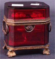A ruby glass double perfume bottle casket with