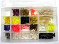 Fishing Worms in Plastic Tackle Box 14” x 9” x 2”
