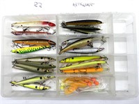 Fishing Lures in Plastic Tackle Box 14” x 9” x 2”