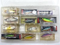 NOS Fishing Lures in Plastic Tackle Box 14” x 9”