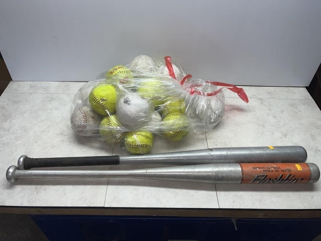 2 aluminum softball bats, qty of balls