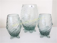 Green Art Glass Vase w/ 2 Cups
