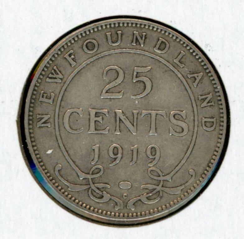 1919 Newfoundland 25 Cent Silver Coin