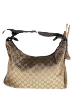 GG Beige Linen Leather Strap Underarm Hobo Bag