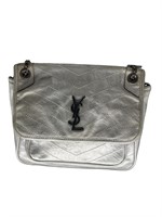 Glossy Silver Crinkled Leather Half-Flap Purse