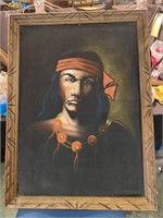 28 x 38 Etched Wooded Frame Of Hand Painted Pirate