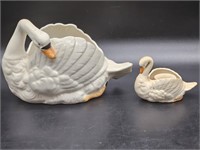 (2) Porcelain Swan Planters, Large & Small