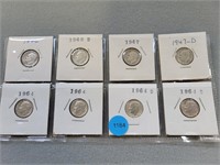8 Roosevelt dimes; 1946-1964d.  Buyer must confirm