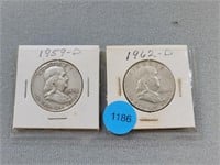2 Benjamin Franklin half dollars; 1959d, 1962d.  B