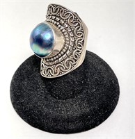 Very Large Sterling Real Pearl Ring 15 Gr 7.75