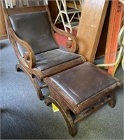 Wood and Faux Leather Armchair with Foot Rest,