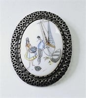 Vintage Hand-Painted Porcelain Brooch Pendant