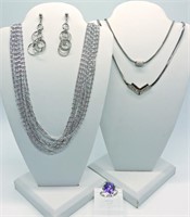 Three Silver Tone Necklaces with Earrings and Ring