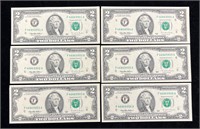Six Consecutive 1995 $2 Federal Reserve Notes