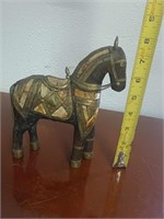 VTG WOODEN CARVED ARMORED HORSE WITH BRASS TRIM