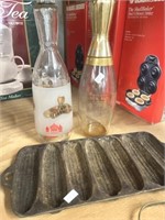 2 Glass Bottles & Cast Iron Corn Bread Pan