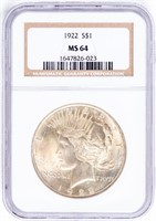 Coin 1922 Peace Silver Dollar NGC MS64