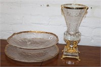 3pc Lead Crystal Vase with gold footed base/