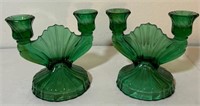 R - PAIR OF VINTAGE GREEN GLASS CANDLE HOLDERS