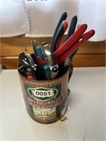 CAN FULL OF PLIERS & MISC SHOP ITEMS