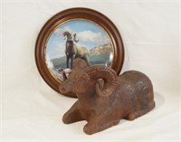Carved Big Horn Sheep statue and collectors plate