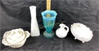 Blue opalescent vase, hobnail milk glass mini