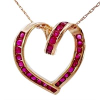 .75 CT Ruby Ribbon Heart Pendant Necklace 10k Gold