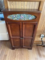 Storage cabinet w/ stained glass detail +contents