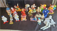 Ceramic, porcelain and plastic clown figures