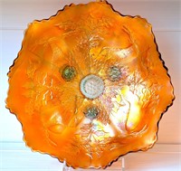 STAG DESIGN ORANGE CARNIVAL GLASS 3 LEG BOWL 11"