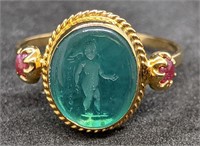 TAGLIAMONTE 14 Kt Carved Cameo Ring - Green & Red