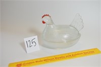 Vintage Clear Glass Hen on Nest with Red Accents