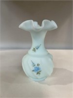 Signed hand painted frosted Fenton vase 5.25”H