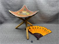 3-LeggedHand Painted Leather Seated Stool & Fan