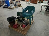 Seeder, 4 poly chairs, gas can & flower pots