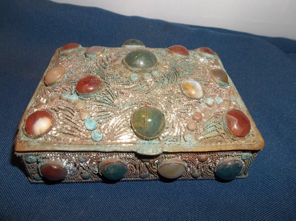 Old Chinese Filigree Precious Stone Trinket Box