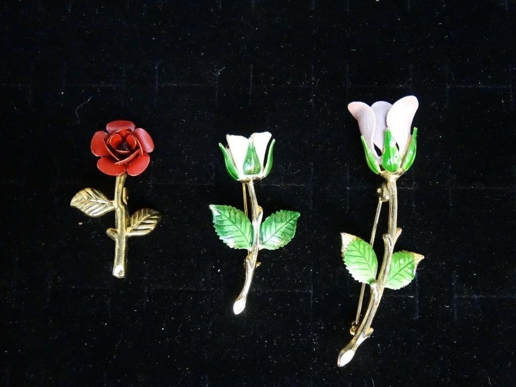 Vintage Pink, White & Red Rose Floral Brooches