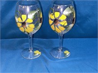 Set of 2 Hand Painted unflower Wine Glasses
